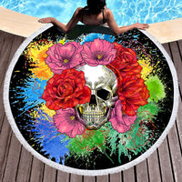 HKM-697555 Skull Print Round Beach Towel with Tassel Lace, 150cm Microfiber Picnic Mat