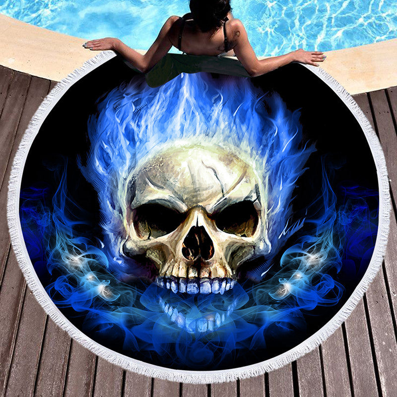 HKM-697555 Skull Print Round Beach Towel with Tassel Lace, 150cm Microfiber Picnic Mat