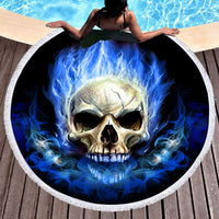 HKM-697555 Skull Print Round Beach Towel with Tassel Lace, 150cm Microfiber Picnic Mat
