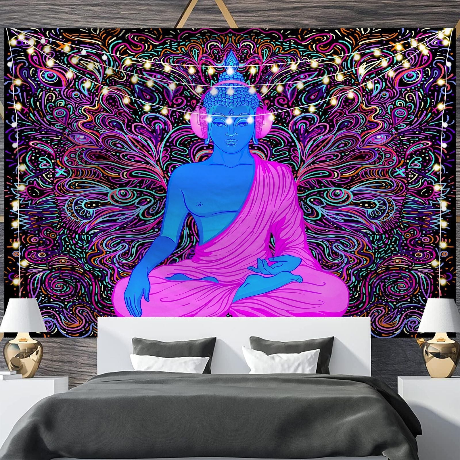 HKM-697811 Geometric Abstract Fluorescent Effect Tapestry - Rectangular Polyester Fiber Wall Hanging, Multiple Colors Available