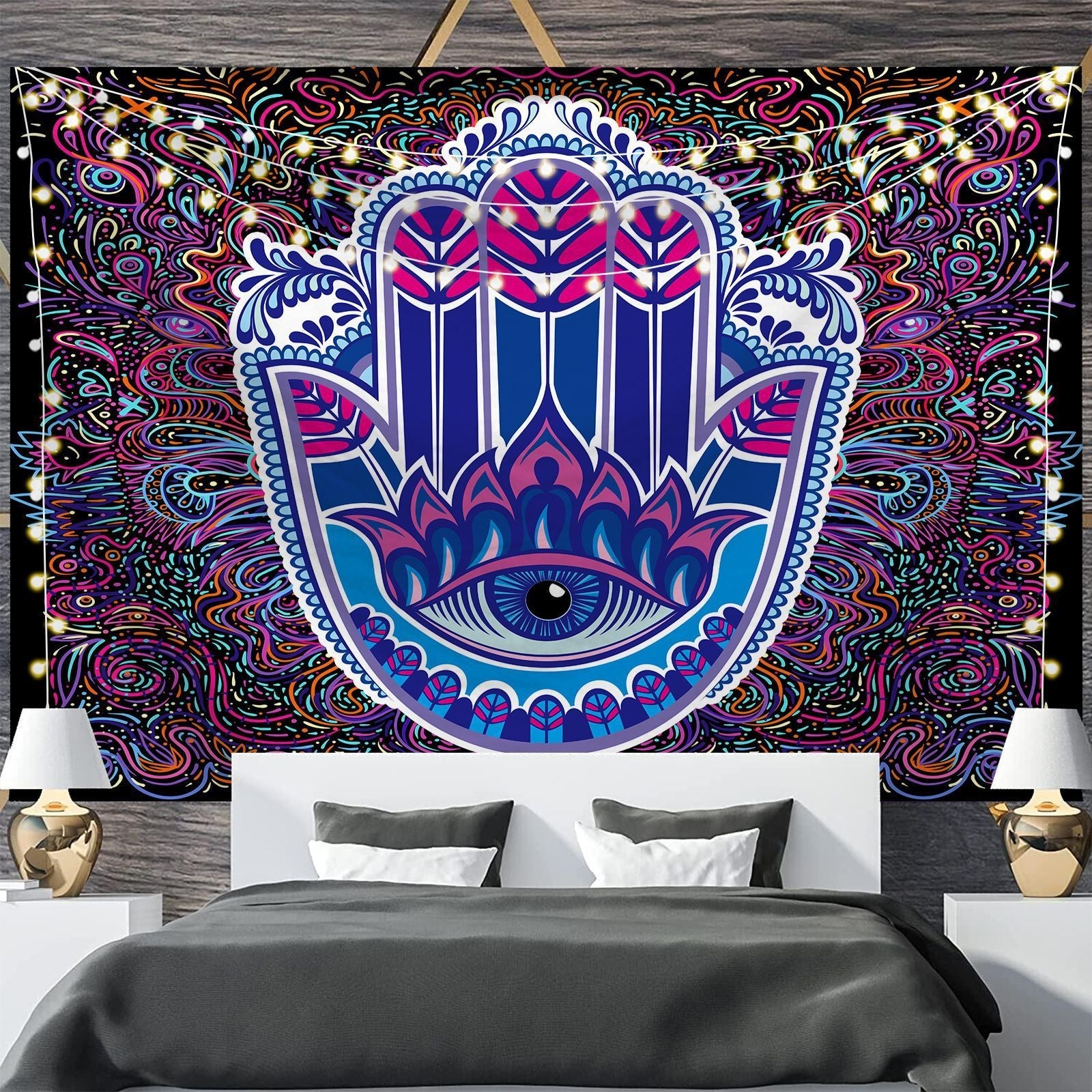 HKM-697811 Geometric Abstract Fluorescent Effect Tapestry - Rectangular Polyester Fiber Wall Hanging, Multiple Colors Available