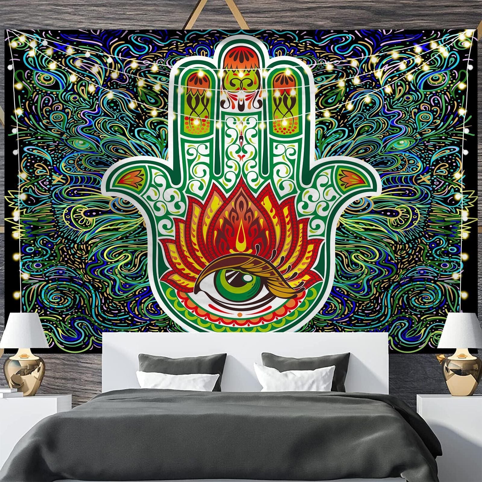 HKM-697811 Geometric Abstract Fluorescent Effect Tapestry - Rectangular Polyester Fiber Wall Hanging, Multiple Colors Available