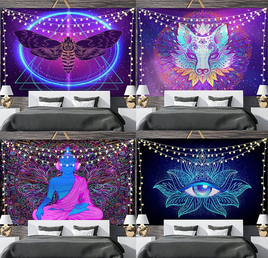 HKM-697811 Geometric Abstract Fluorescent Effect Tapestry - Rectangular Polyester Fiber Wall Hanging, Multiple Colors Available