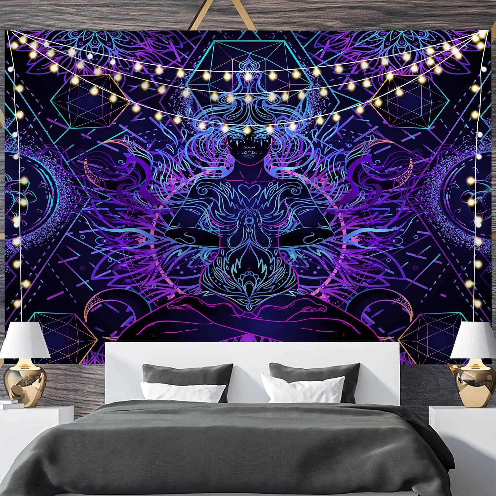 HKM-697811 Geometric Abstract Fluorescent Effect Tapestry - Rectangular Polyester Fiber Wall Hanging, Multiple Colors Available