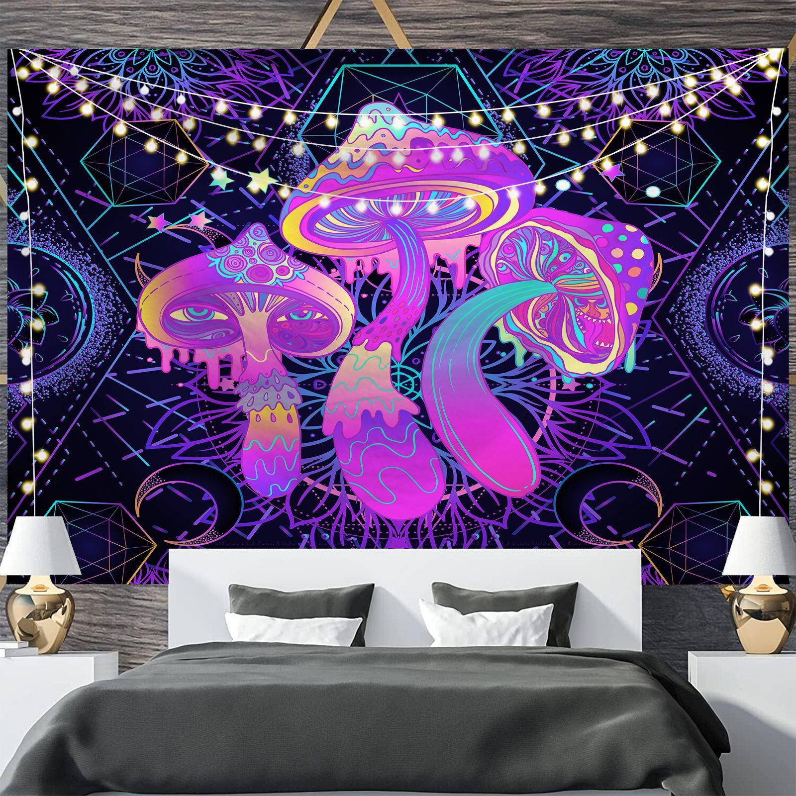 HKM-697811 Geometric Abstract Fluorescent Effect Tapestry - Rectangular Polyester Fiber Wall Hanging, Multiple Colors Available