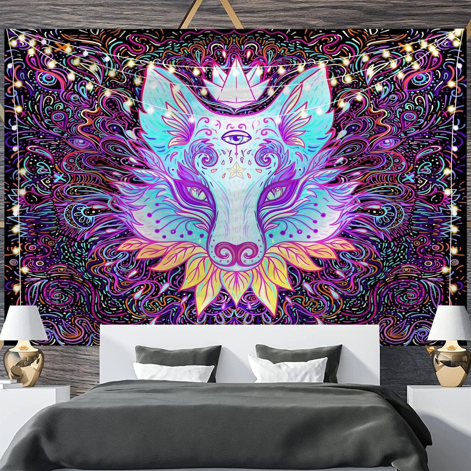 HKM-697811 Geometric Abstract Fluorescent Effect Tapestry - Rectangular Polyester Fiber Wall Hanging, Multiple Colors Available