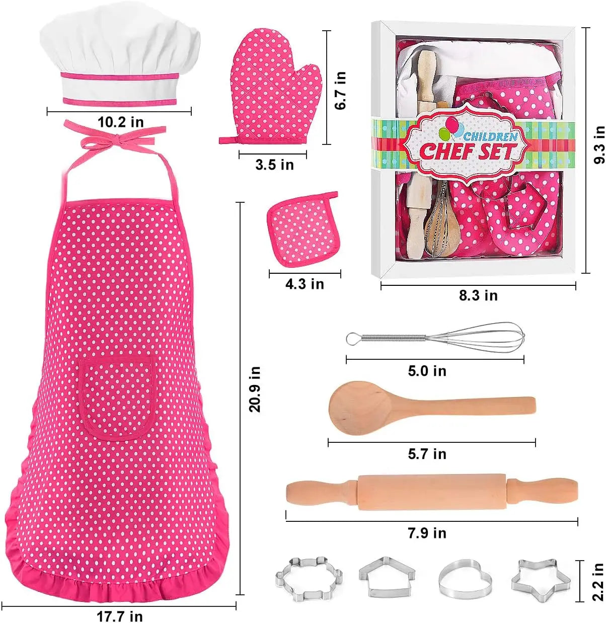 HKM-697811 Kids Apron Set for Cooking and Baking, 11-Piece Cotton Kitchen Playset for Ages 2-13
