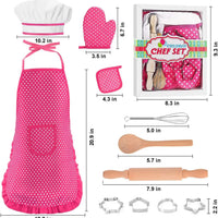 HKM-697811 Kids Apron Set for Cooking and Baking, 11-Piece Cotton Kitchen Playset for Ages 2-13