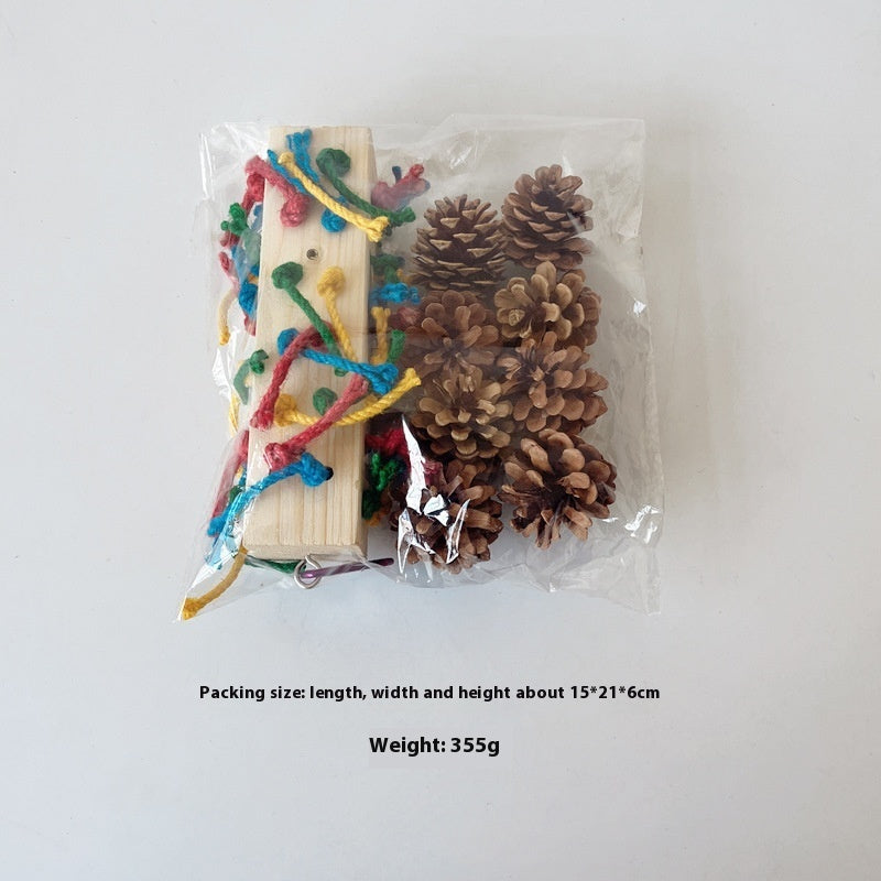 HKM-698067 Solid Wood Parrot Toy Stand with Pine Cone and Colored Hemp Rope for Bird Play and Chewing