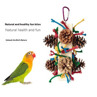HKM-698067 Solid Wood Parrot Toy Stand with Pine Cone and Colored Hemp Rope for Bird Play and Chewing