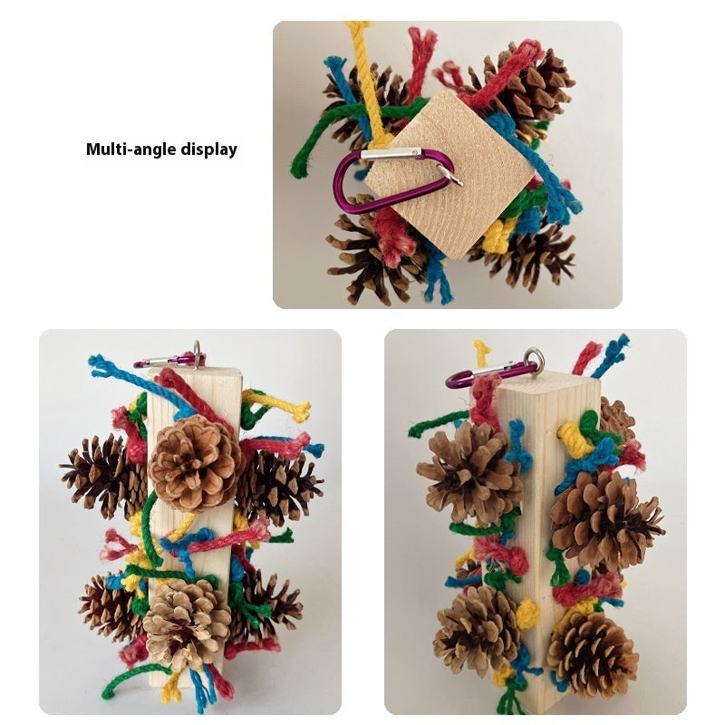 HKM-698067 Solid Wood Parrot Toy Stand with Pine Cone and Colored Hemp Rope for Bird Play and Chewing