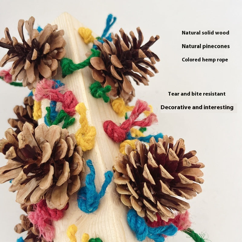 HKM-698067 Solid Wood Parrot Toy Stand with Pine Cone and Colored Hemp Rope for Bird Play and Chewing