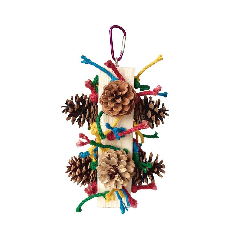 HKM-698067 Solid Wood Parrot Toy Stand with Pine Cone and Colored Hemp Rope for Bird Play and Chewing