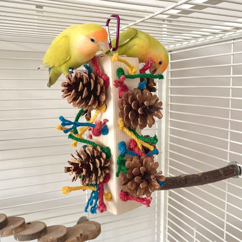 HKM-698067 Solid Wood Parrot Toy Stand with Pine Cone and Colored Hemp Rope for Bird Play and Chewing