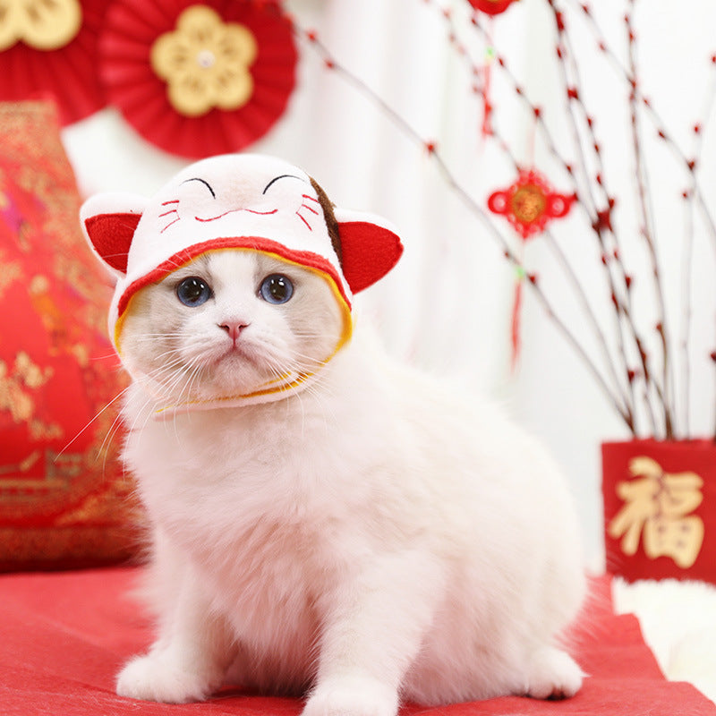 HKM-698131 Decorative Winter Pet Caps - God of Wealth and Cat of Wealth Designs in Red and White, Woolen Fabric