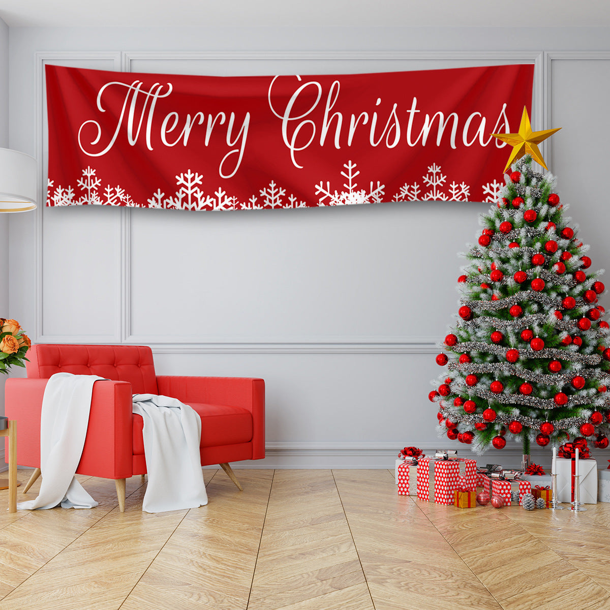 HKM-698451 Nordic White Christmas Snowflake Banner for Festive Home Decor, 50x250cm Polyester Fiber