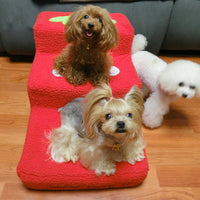 HKM-698643 Soft Bubble Velvet Dog Steps with Lamb Wool Cover – Pink and Big Red, 65cm Length, 40cm Width, 35cm Height