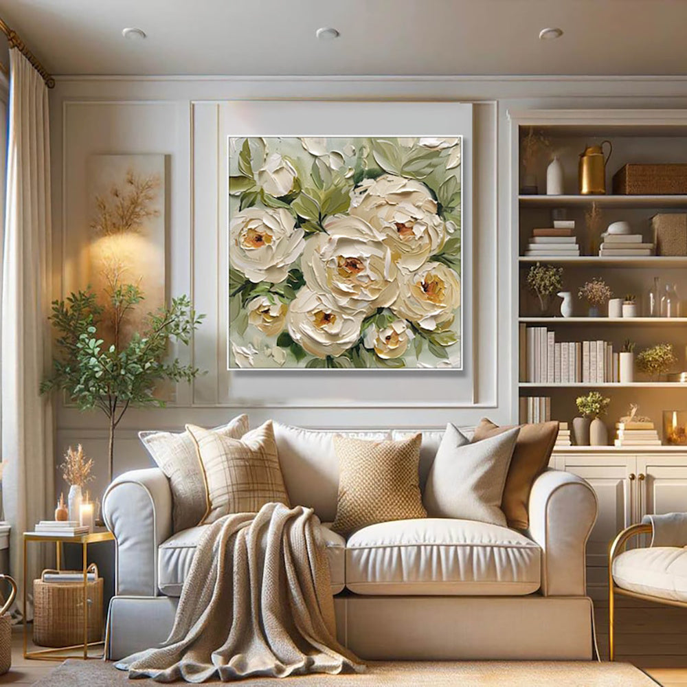 HKM-699219 Hand-Painted Abstract Oil Painting on Canvas Featuring Green Leaves and Yellow Roses for Home Decor