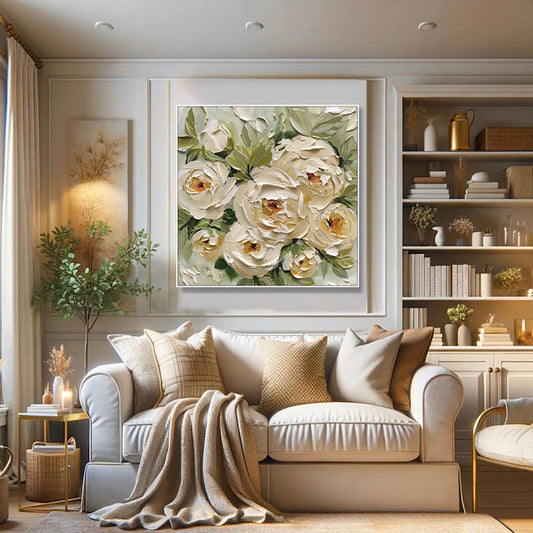 HKM-699219 Hand-Painted Abstract Oil Painting on Canvas Featuring Green Leaves and Yellow Roses for Home Decor