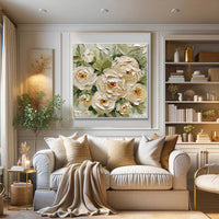 HKM-699219 Hand-Painted Abstract Oil Painting on Canvas Featuring Green Leaves and Yellow Roses for Home Decor