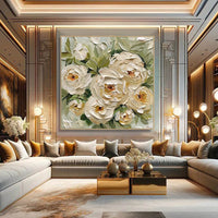 HKM-699219 Hand-Painted Abstract Oil Painting on Canvas Featuring Green Leaves and Yellow Roses for Home Decor
