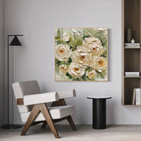 HKM-699219 Hand-Painted Abstract Oil Painting on Canvas Featuring Green Leaves and Yellow Roses for Home Decor