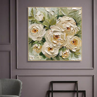 HKM-699219 Hand-Painted Abstract Oil Painting on Canvas Featuring Green Leaves and Yellow Roses for Home Decor
