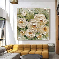 HKM-699219 Hand-Painted Abstract Oil Painting on Canvas Featuring Green Leaves and Yellow Roses for Home Decor