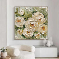 HKM-699219 Hand-Painted Abstract Oil Painting on Canvas Featuring Green Leaves and Yellow Roses for Home Decor