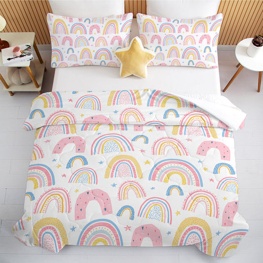 HKM-699283 Rainbow Pattern Comforter Set in Pink and Yellow with 2 Pillow Shams, Available in Twin to King Sizes