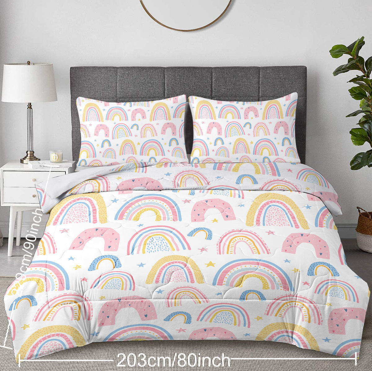 HKM-699283 Rainbow Pattern Comforter Set in Pink and Yellow with 2 Pillow Shams, Available in Twin to King Sizes