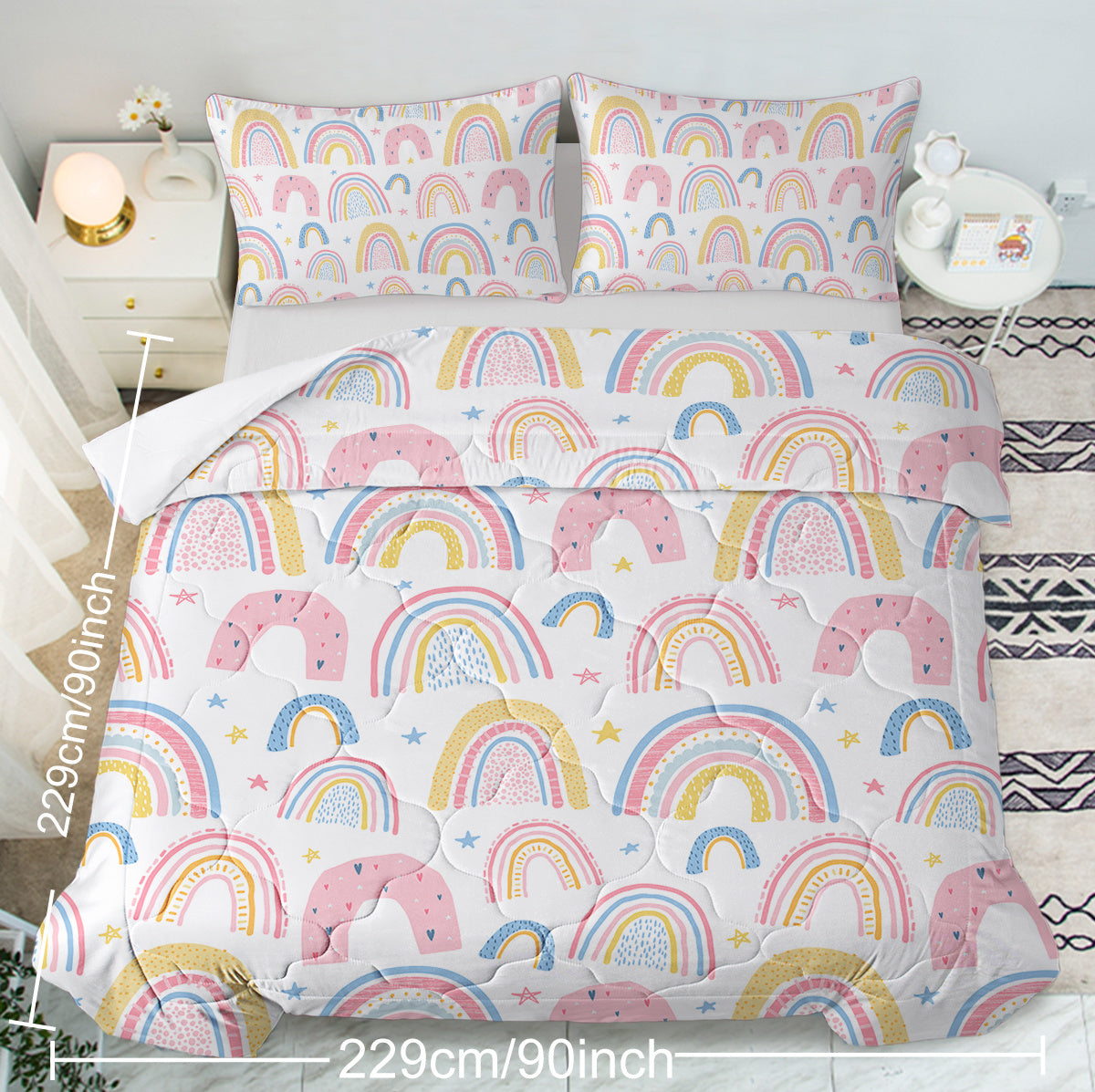 HKM-699283 Rainbow Pattern Comforter Set in Pink and Yellow with 2 Pillow Shams, Available in Twin to King Sizes