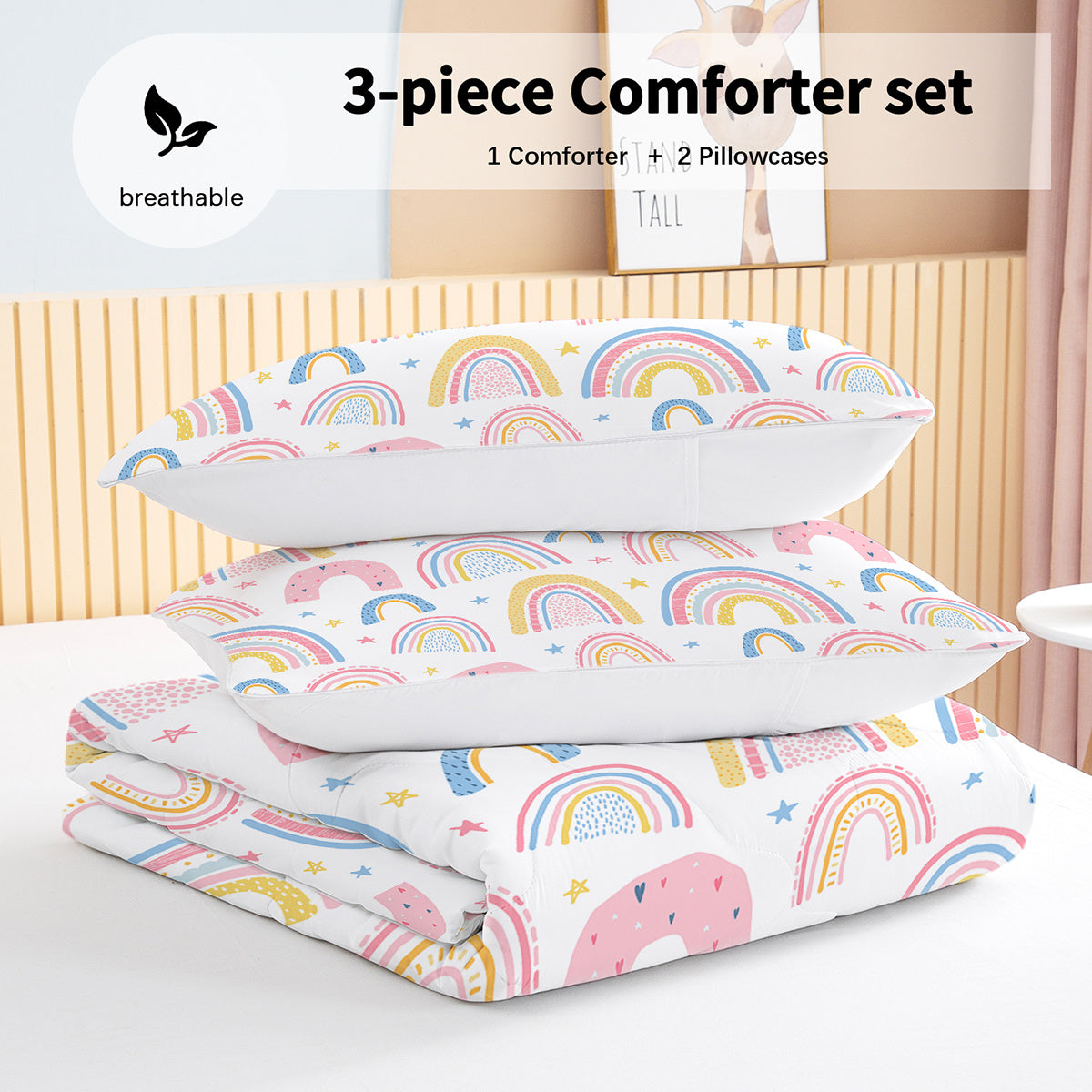 HKM-699283 Rainbow Pattern Comforter Set in Pink and Yellow with 2 Pillow Shams, Available in Twin to King Sizes
