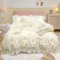 HKM-699283 Washed Cotton Four-Piece Embroidered Quilt Cover Set with Floral Designs