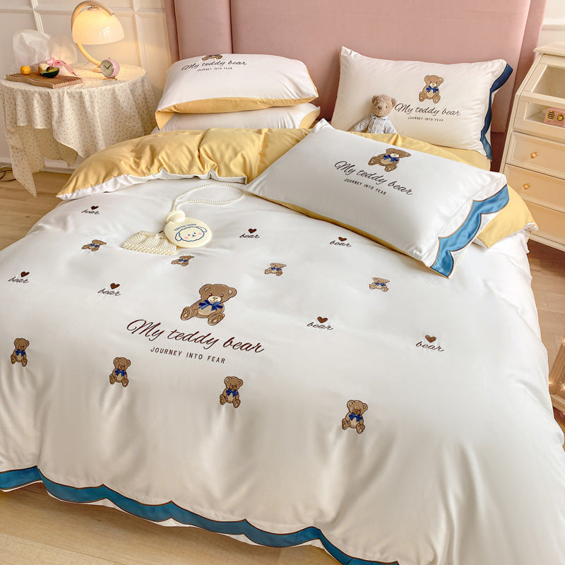 HKM-699283 Washed Cotton Four-Piece Embroidered Quilt Cover Set with Floral Designs