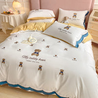 HKM-699283 Washed Cotton Four-Piece Embroidered Quilt Cover Set with Floral Designs