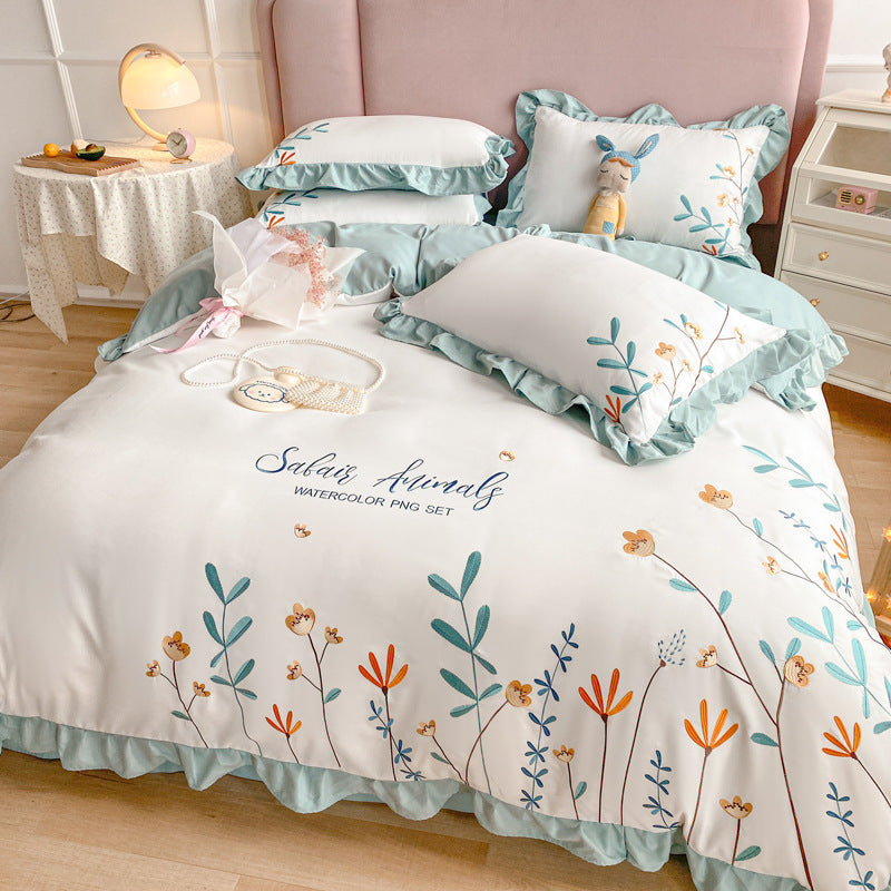 HKM-699283 Washed Cotton Four-Piece Embroidered Quilt Cover Set with Floral Designs