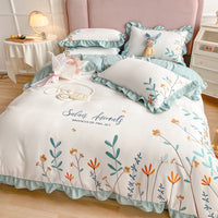 HKM-699283 Washed Cotton Four-Piece Embroidered Quilt Cover Set with Floral Designs