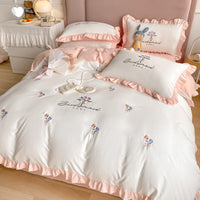 HKM-699283 Washed Cotton Four-Piece Embroidered Quilt Cover Set with Floral Designs