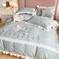 HKM-699283 Washed Cotton Four-Piece Embroidered Quilt Cover Set with Floral Designs