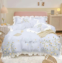 HKM-699283 Washed Cotton Four-Piece Embroidered Quilt Cover Set with Floral Designs