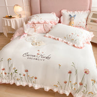 HKM-699283 Washed Cotton Four-Piece Embroidered Quilt Cover Set with Floral Designs
