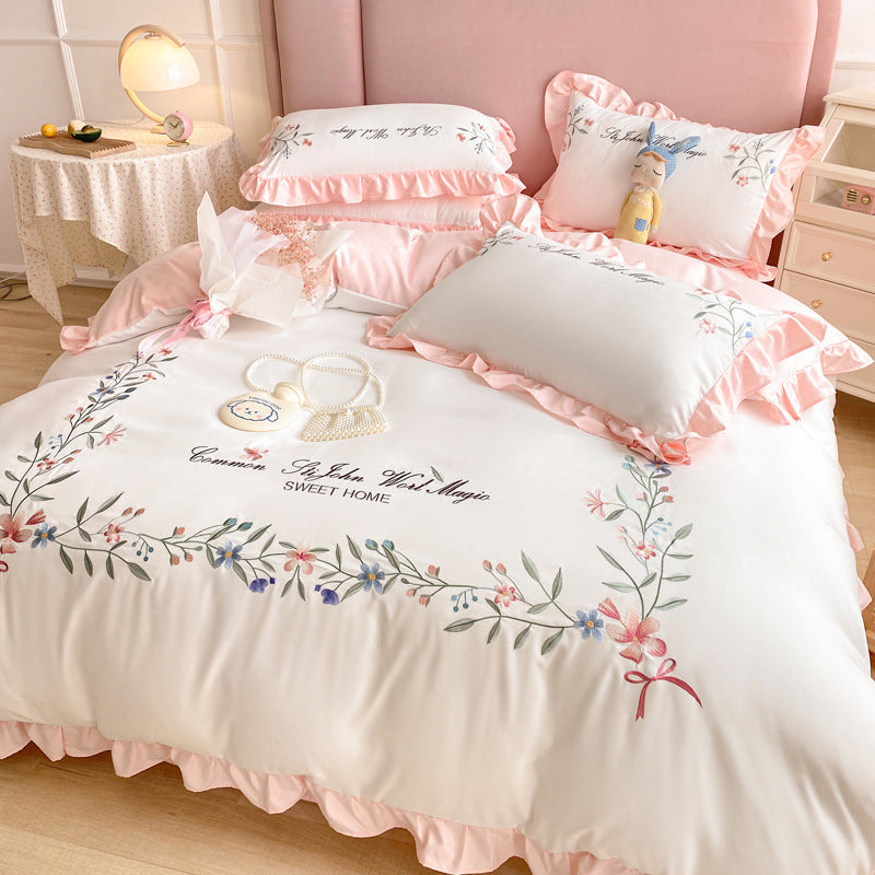 HKM-699283 Washed Cotton Four-Piece Embroidered Quilt Cover Set with Floral Designs