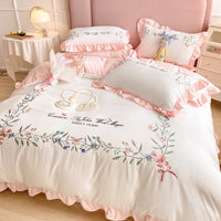 HKM-699283 Washed Cotton Four-Piece Embroidered Quilt Cover Set with Floral Designs