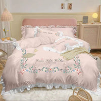 HKM-699283 Washed Cotton Four-Piece Embroidered Quilt Cover Set with Floral Designs
