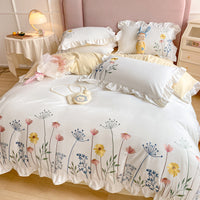 HKM-699283 Washed Cotton Four-Piece Embroidered Quilt Cover Set with Floral Designs