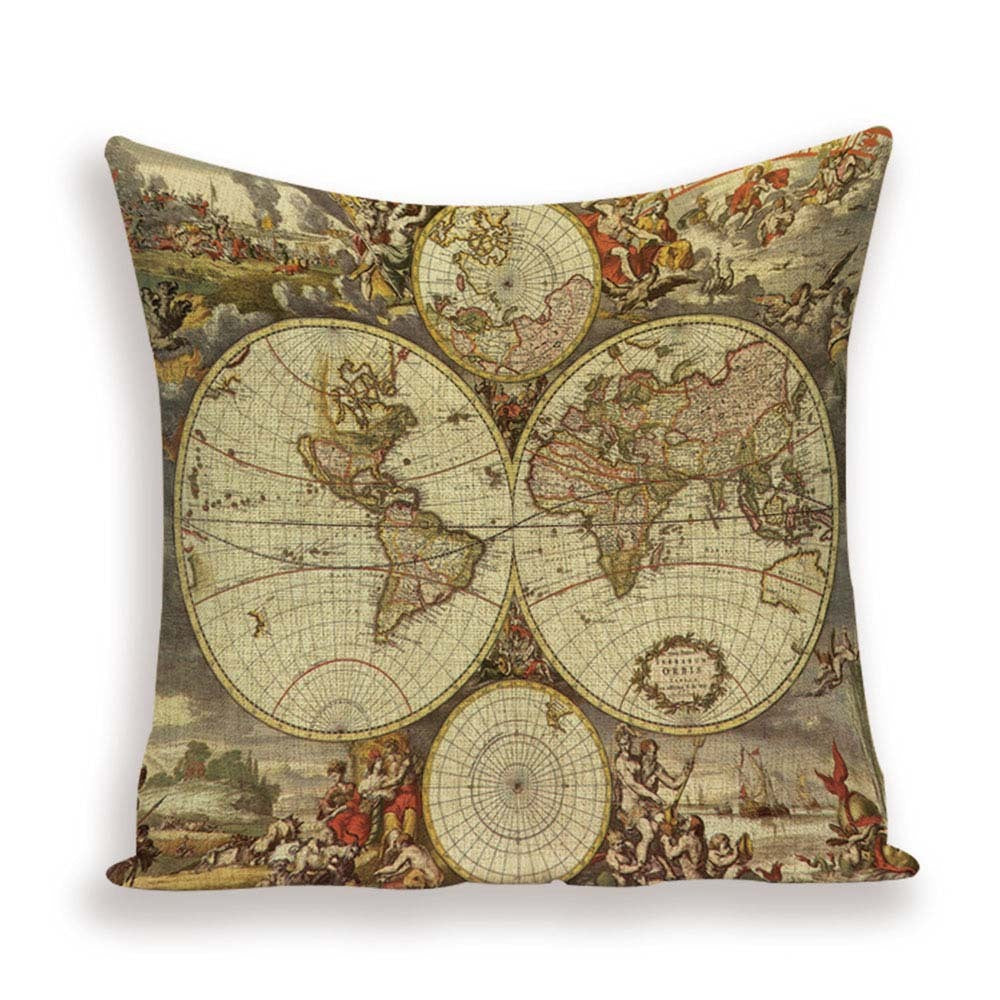 HKM-699667 European World Map Cushion Cover, Linen Pillowcase for Sofa and Home Decor, 45x45cm