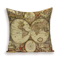 HKM-699667 European World Map Cushion Cover, Linen Pillowcase for Sofa and Home Decor, 45x45cm