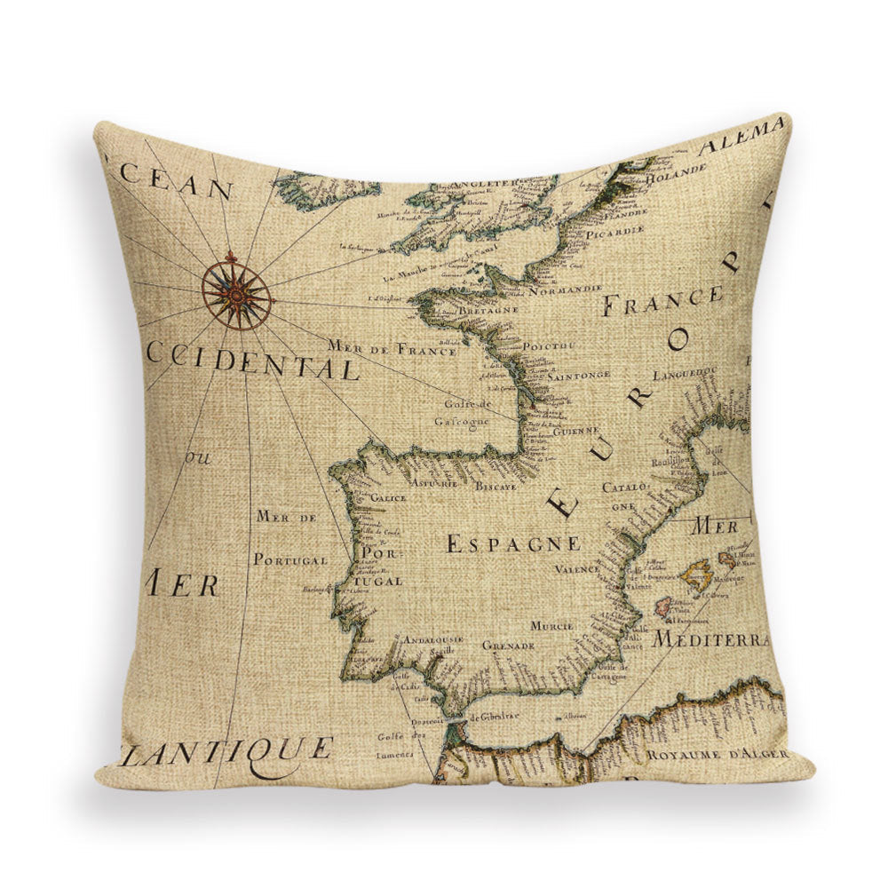 HKM-699667 European World Map Cushion Cover, Linen Pillowcase for Sofa and Home Decor, 45x45cm