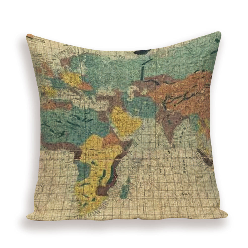 HKM-699667 European World Map Cushion Cover, Linen Pillowcase for Sofa and Home Decor, 45x45cm